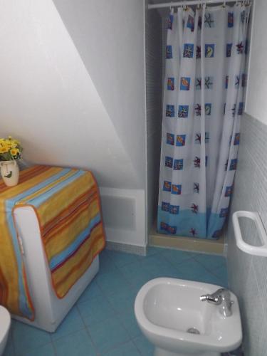 a bathroom with a toilet and a shower curtain at Relax a Calasapone in SantʼAntìoco