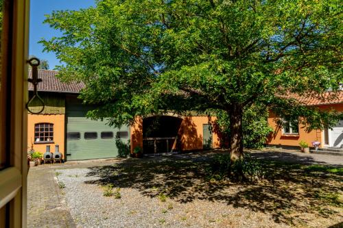 a tree in front of a building with a garage at Akaciegaarden Bed & Breakfast in Hårlev