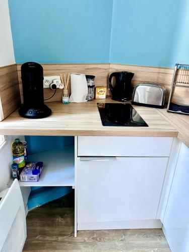 a kitchen with a counter top with a sink at Studio Escale - Coeur de ville in Gravelines