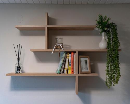 a book shelf on a wall with books and a plant at Modern Cozy Apartment With Stars in Weiden