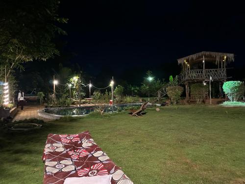 a kite on the grass in a park at night at Khet - A Rural Farmstay in Jagdalpur
