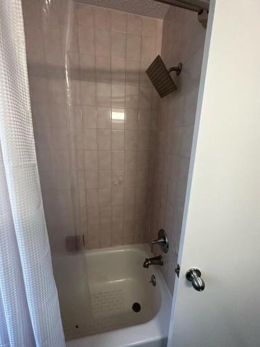 a bathroom with a tub and a shower with a sink at canalfront near beaches private home remodeled in Rotonda West