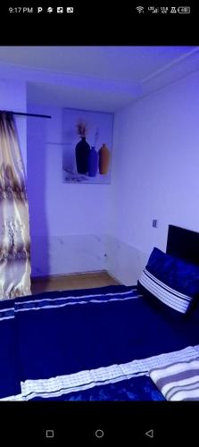 a room with a bed with blue sheets and vases at Peace Home in Lekki