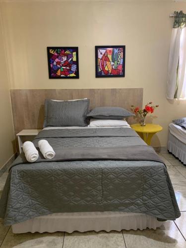 a bedroom with a large bed with two pillows at Hotel Coqueiros in Valparaíso de Goiás