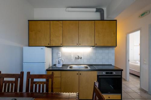 a kitchen with a sink and a refrigerator at Mythos Suites-Poseidon apartment in Methoni