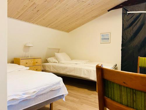 a bedroom with two beds and a wooden ceiling at Cozy 5 rooms apartment Landskrona city in Landskrona