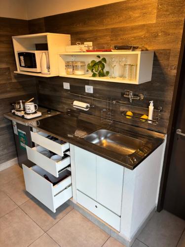 a small kitchen with a sink and a microwave at Loto San Lorenzo Studio I balcón, vista cerros y piscina in San Lorenzo