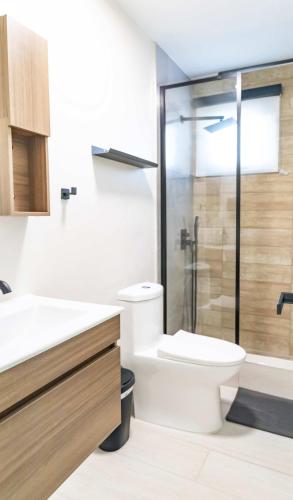 a bathroom with a toilet and a shower at AQUA Villas Del Mar Apt 8 - 1BR Sun, Fun & Dining by the Shore in Dorado
