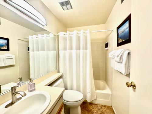 a bathroom with a sink and a toilet and a shower at Sabino Canyon Comfy with Pool and Spa in Tucson