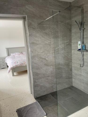 a bathroom with a shower with a glass door at Keeloges House 