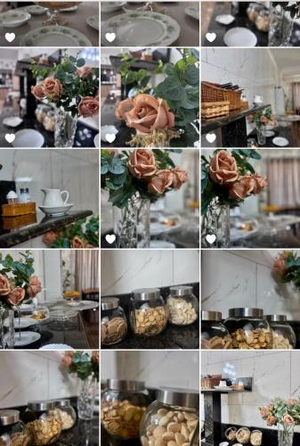 a collage of photos of food and flowers in vases at Hotel Coqueiros in Valparaíso de Goiás
