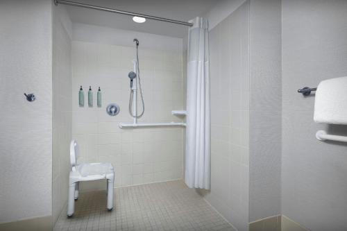 a bathroom with a shower with a toilet and a stool at Courtyard Philadelphia Great Valley/Malvern in Malvern