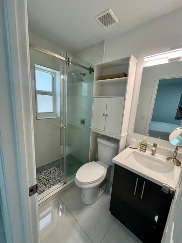 Un baño con inodoro, lavabo y ducha. en North Miami Vacation Home, en North Miami Beach