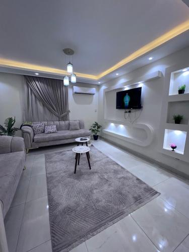 a living room with a couch and a tv at Modern apartment in Sheraton in Kafr Abû Sîr