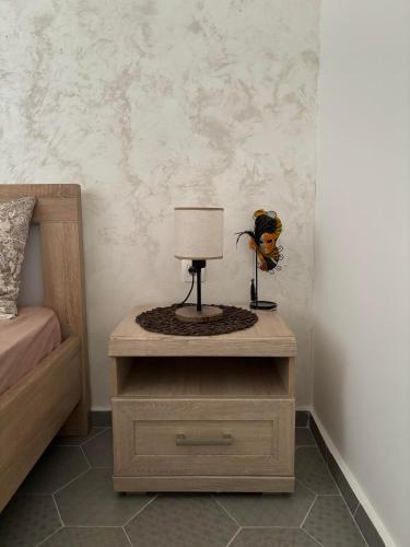 a nightstand with a lamp on it next to a bed at Deaf Valley Apartment 2 in Reljići