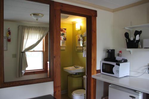 a small bathroom with a microwave and a sink at Mount Jefferson View in Randolph