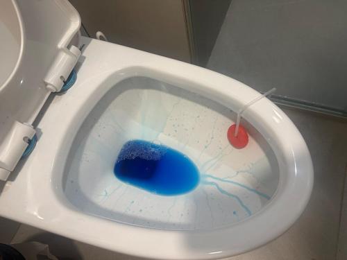un WC bianco con acqua blu nella ciotola di Luxury one bedroom apartment, high amenities a La Paz