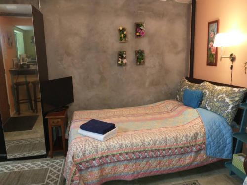 a bedroom with a bed with books on it at Cozy studio at the heart of Jackson Heights in Queens