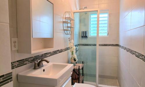 een witte badkamer met een wastafel en een douche bij Oscar Building - Apto#2 in San Juan