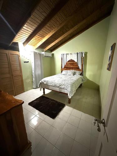 una camera da letto con un letto nell'angolo di una stanza di Peaceful Tropical 2-Bedroom Villa a Montego Bay