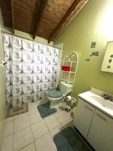 un bagno con wc, doccia e lavandino di Peaceful Tropical 2-Bedroom Villa a Montego Bay