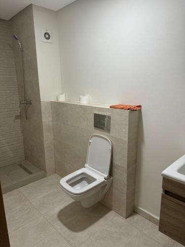a bathroom with a toilet and a shower at Ocean Park Apartment for rent in Casablanca