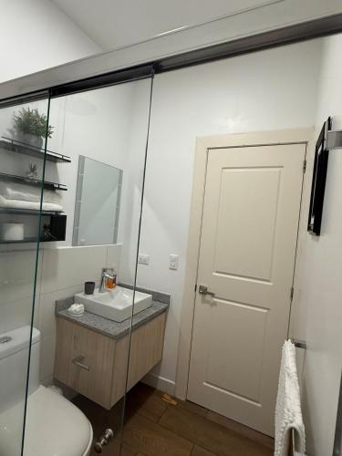 a bathroom with a toilet and a sink and a door at Luxury Suite at Cumbaya Park in Quito