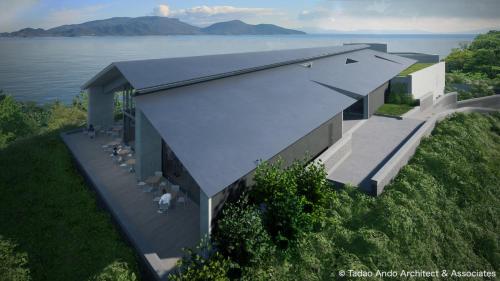 an overhead view of a building next to the water at Naoshima Haru House in Naoshima