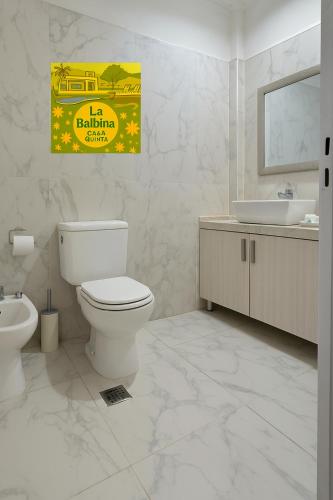 a white bathroom with a toilet and a sink at La Balbina Casa Quinta Corrientes in Santa Ana