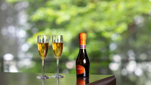 a bottle of wine and two glasses of champagne at Kaze no Tani no Iori in Gamagori