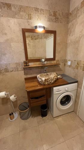 a bathroom with a sink and a washing machine at Grand logement 2 en 1 à Boucan Canot Plage in Saint-Gilles les Bains