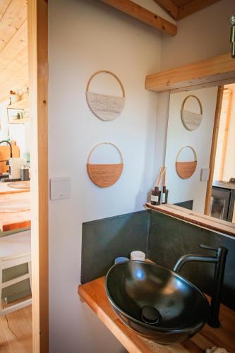 ein Badezimmer mit einem schwarzen Waschbecken auf der Theke in der Unterkunft Time out in a tiny house 