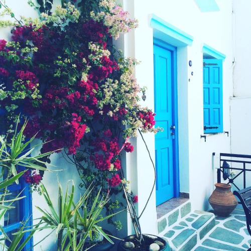 a blue door and flowers on a building at Taki's Guests in Naxos Chora