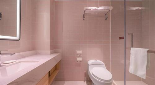 a bathroom with a toilet and a sink and a shower at Jinjiang Inn Quanzhou West Street Kaiyuan Temple in Quanzhou
