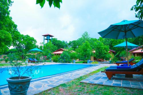 a swimming pool with umbrellas and lounge chairs and a pool at Shangri-Lanka Village in Tissamaharama