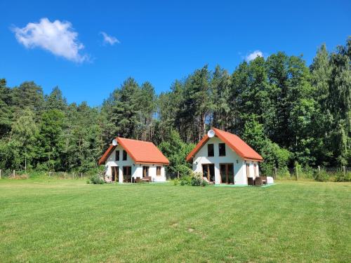 two houses in a field with a green field at Kemping i Domki nad stawem in Harsz