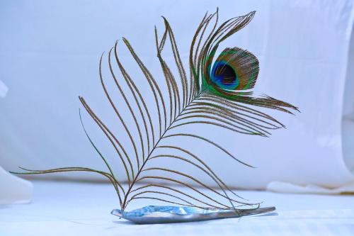 a peacock feather sculpture sitting on a table at Shangri-Lanka Village in Tissamaharama
