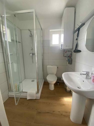 une salle de bain avec une douche, des toilettes et un lavabo dans l'établissement Les Chambres avec SDB,1 Studio l'intérieur complètement rénové en 2024,plage du Débarquement 5 minutes à pied, à Vierville-sur-Mer