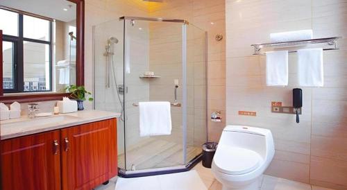 a bathroom with a shower and a toilet and a sink at YUN-RAY Hotel Shijiazhuang in Shijiazhuang