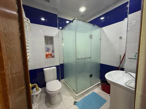 a bathroom with a shower and a toilet and a sink at Bright Guesthouse in the center of Yerevan! in Yerevan