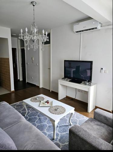 a living room with a couch and a tv at Comfort u blizini Klinickog Centra Banja Luka in Lauš