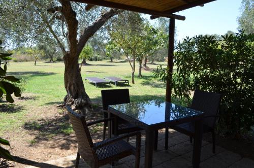 a table and chairs on a patio under a tree at Hotel Il Cipresso in Capalbio