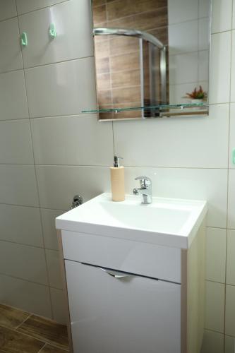 Un baño con un lavabo blanco y un espejo. en Ninkovic - Raj, en Vrnjci