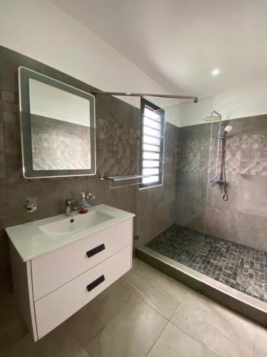 a bathroom with a sink and a shower at Villa Paradisiaque au cœur de Grand Baie in Mauritius