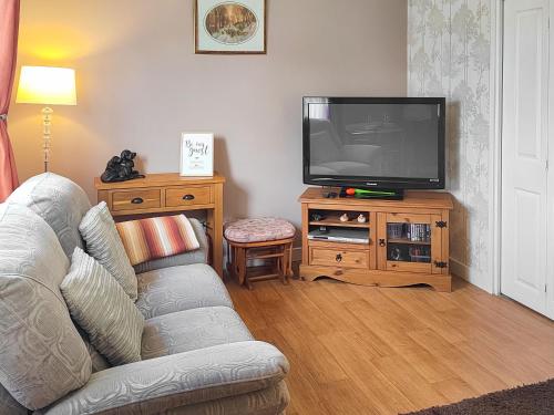 ein Wohnzimmer mit Couch und Flachbildfernseher in der Unterkunft Honeysuckle Cottage in Luncarty