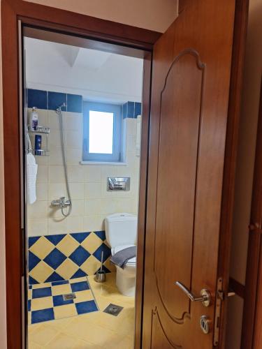 a bathroom with a toilet and a glass door at Solena in Tsikalariá