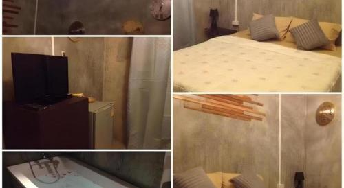a collage of pictures of a bedroom with a bed and a television at Maesai Holic Lodge in Mae Sai