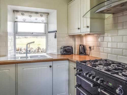 a kitchen with a stove and a sink at Glanrhyd in Llanrhwydrys