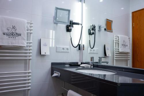 a bathroom with a sink and a mirror at Hotel Der Waldkater in Rinteln