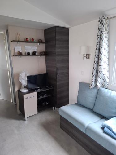 a living room with a couch and a television at 181-Charmettes in Les Mathes